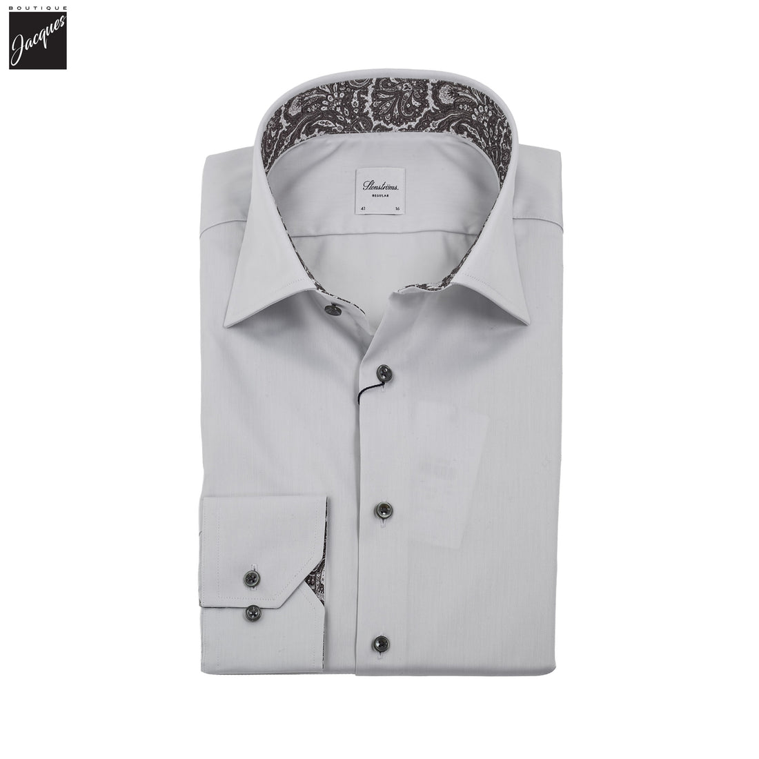 Gray w/ Contrast Trim Cotton Twill Regular Fit Dress Shirt - Stenströms