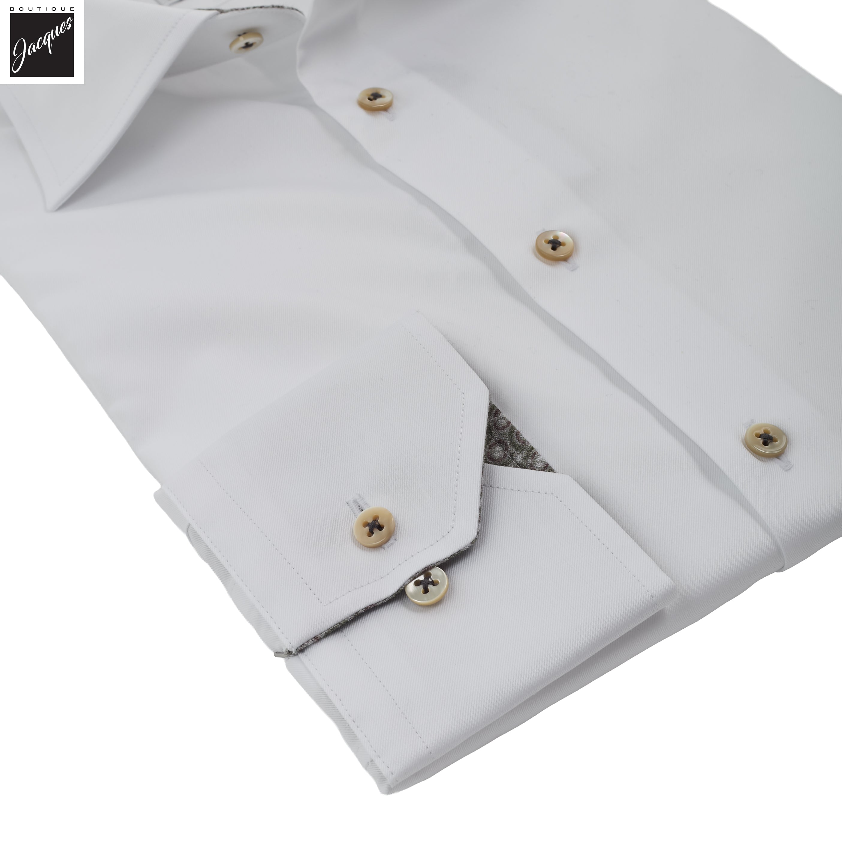 White w/ Contrast Trim Cotton Twill Regular Fit Dress Shirt - Stenströms