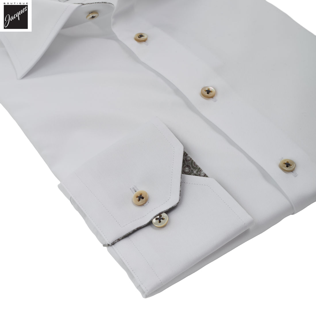White w/ Contrast Trim Cotton Twill Regular Fit Dress Shirt - Stenströms