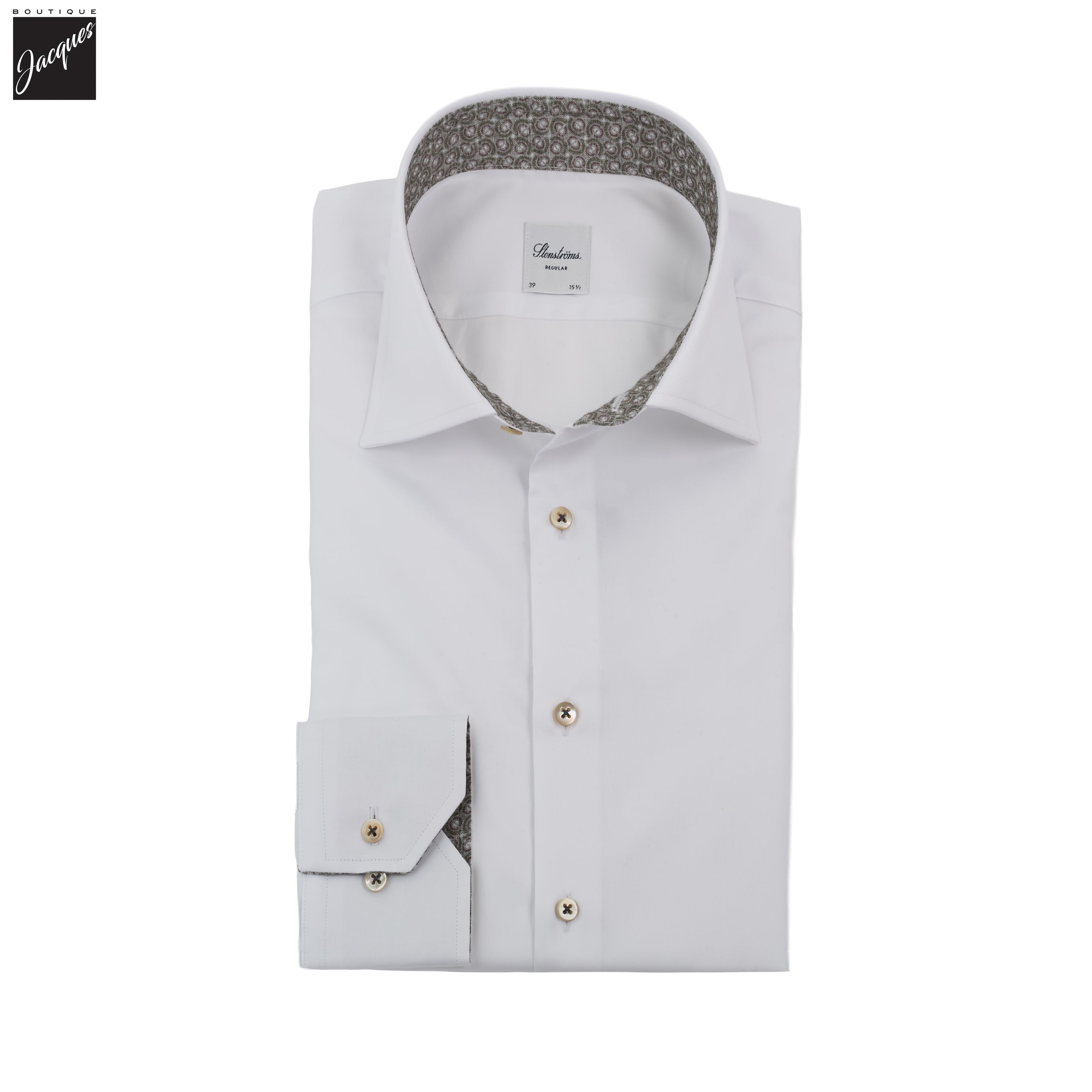 White w/ Contrast Trim Cotton Twill Regular Fit Dress Shirt - Stenströms
