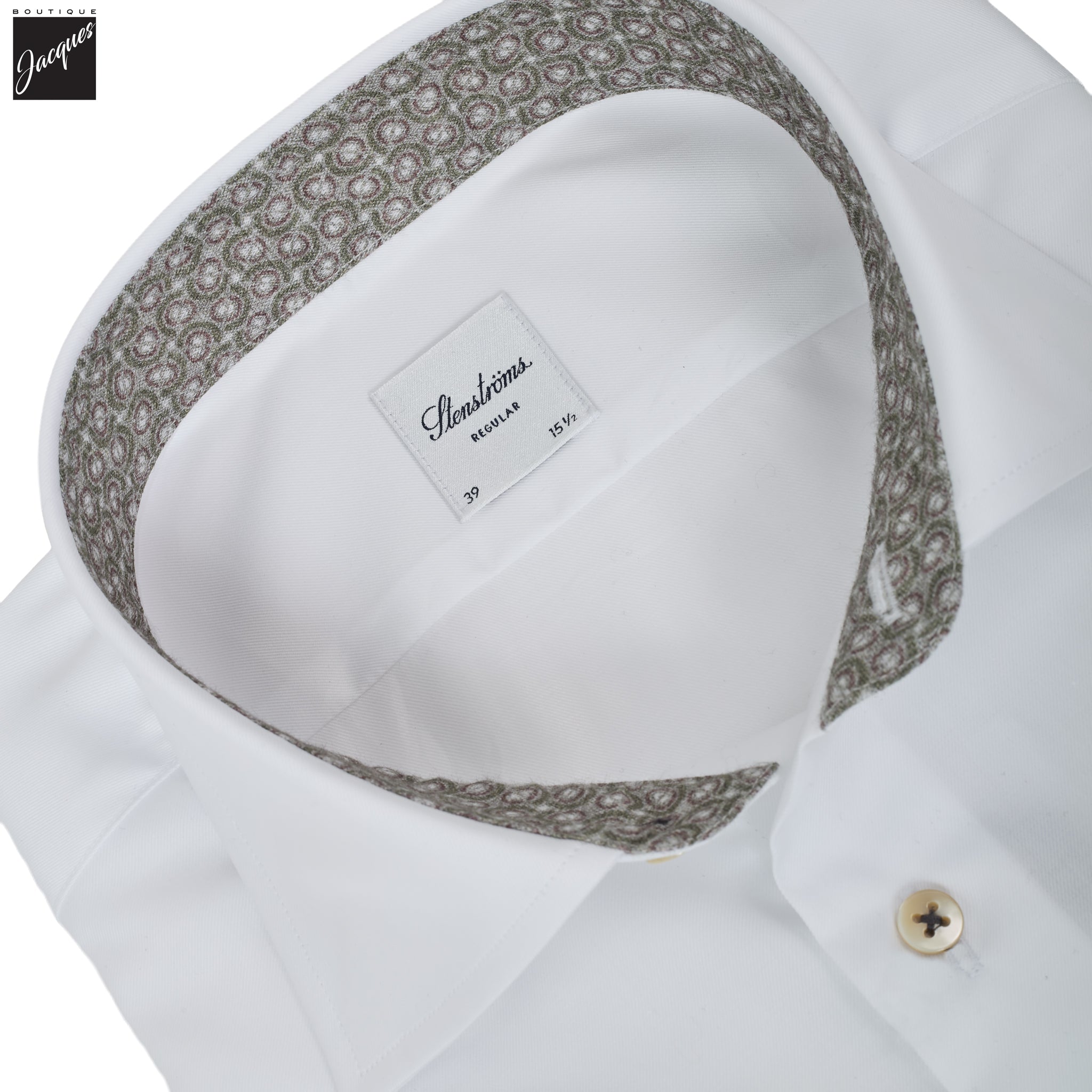 White w/ Contrast Trim Cotton Twill Regular Fit Dress Shirt - Stenströms