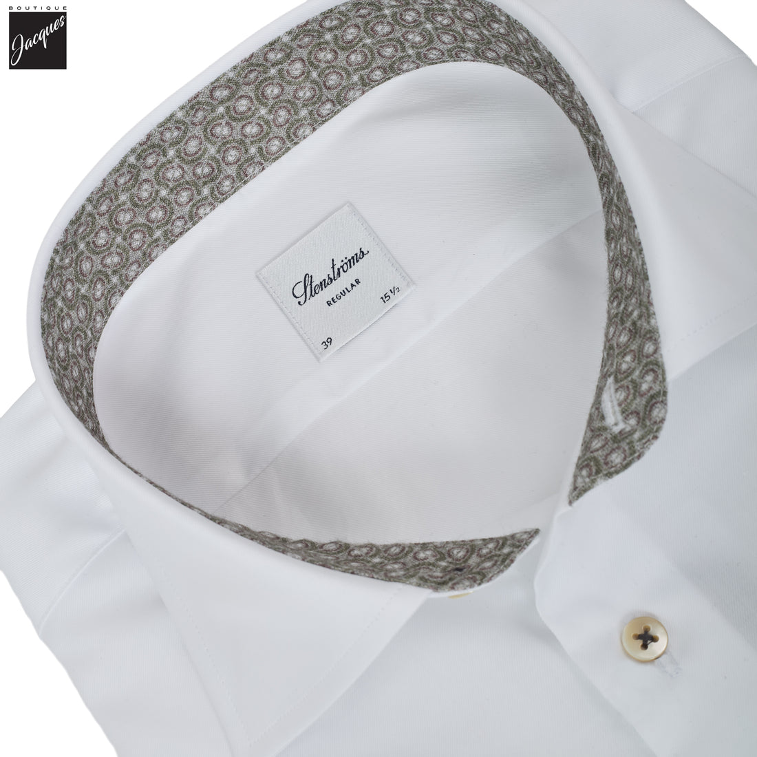White w/ Contrast Trim Cotton Twill Regular Fit Dress Shirt - Stenströms