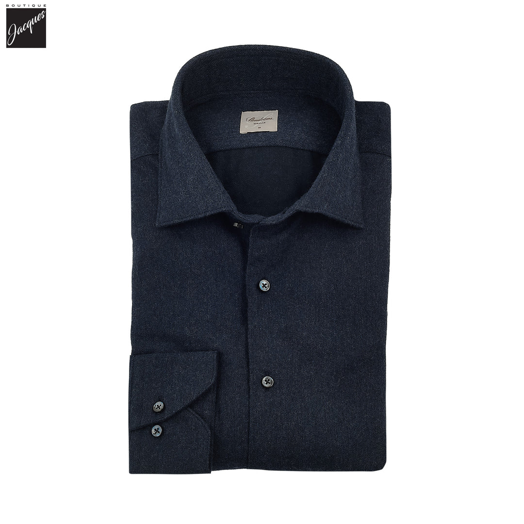 Navy Blue Solid Cotton Flannel Regular Fit Shirt - Stenströms