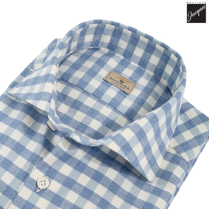 Light Blue Gingham Lux Cotton-Cashmere Flannel Shirt - SONRISA