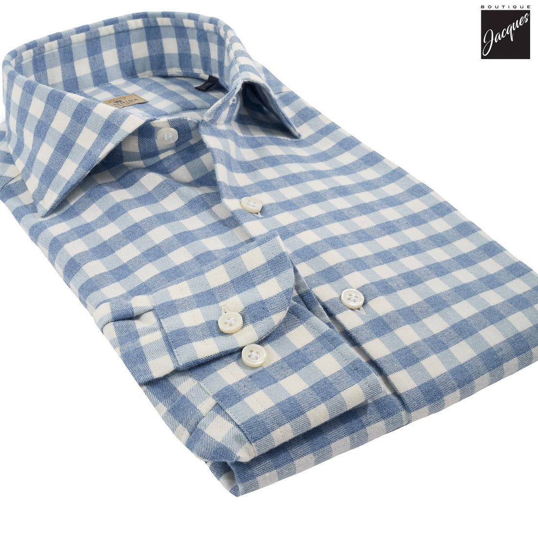 Light Blue Gingham Lux Cotton-Cashmere Flannel Shirt - SONRISA