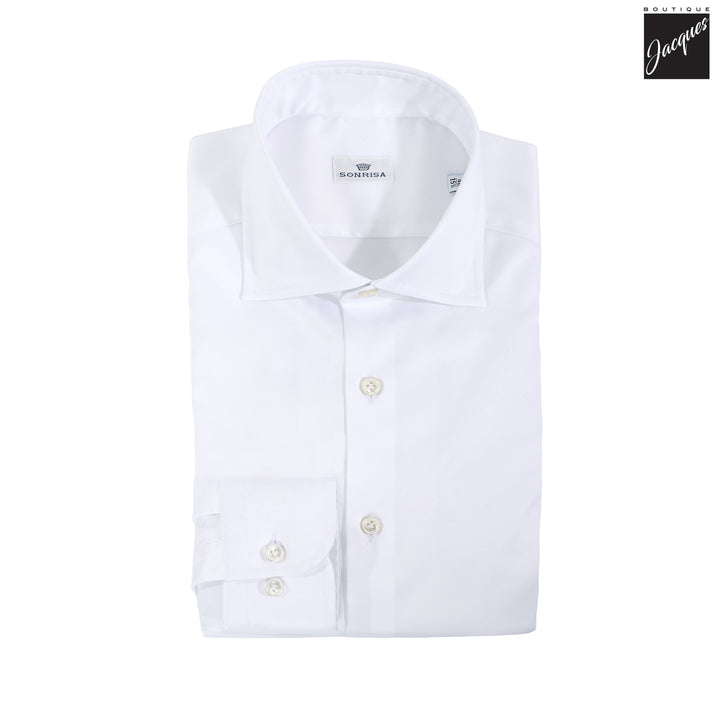 White Superior Cotton Twill Stretch Slim Fit Dress Shirt - SONRISA - Boutique Jacques International