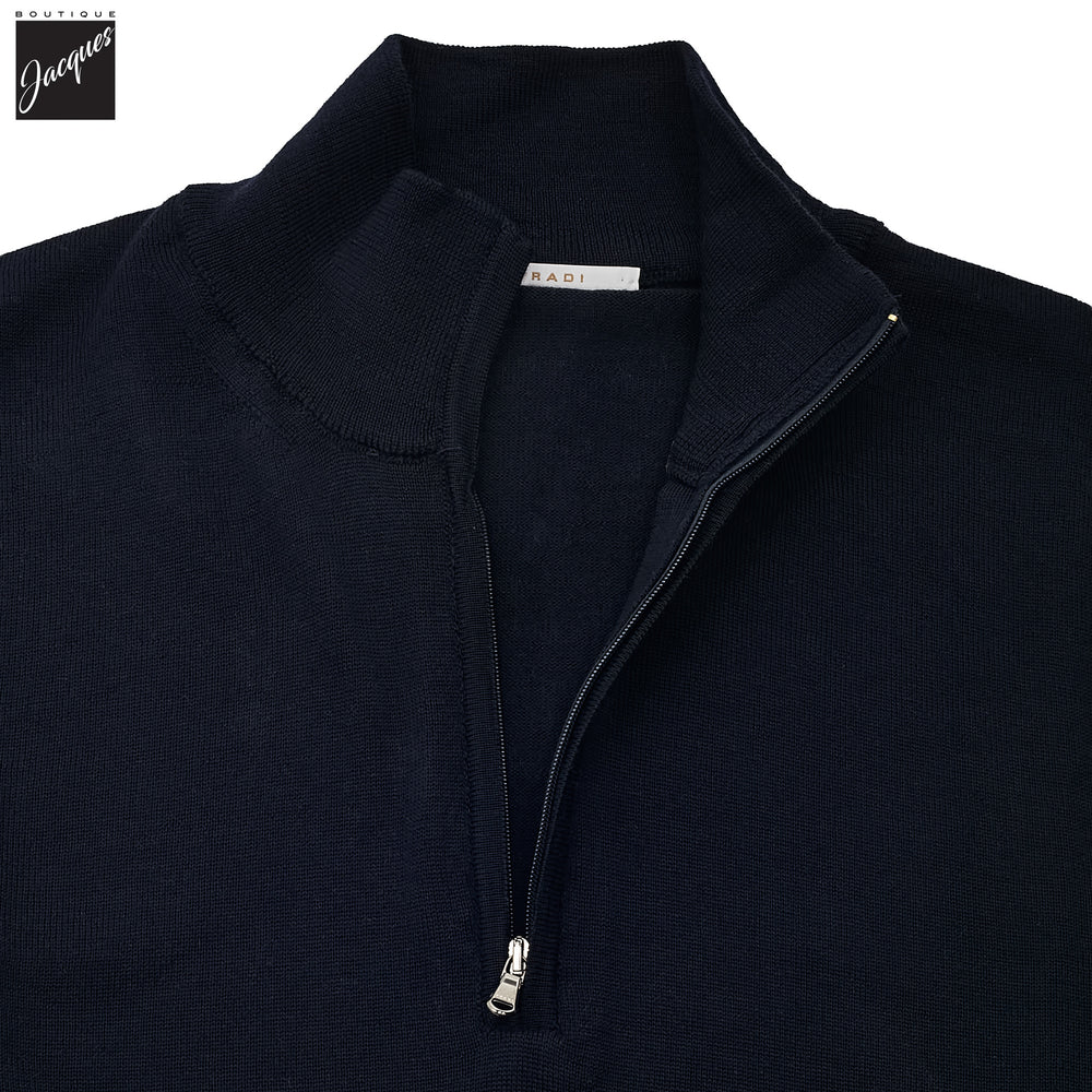 Navy Extra-Fine 14 Gauge Wool 1/2 Zip Sweater - Fradi