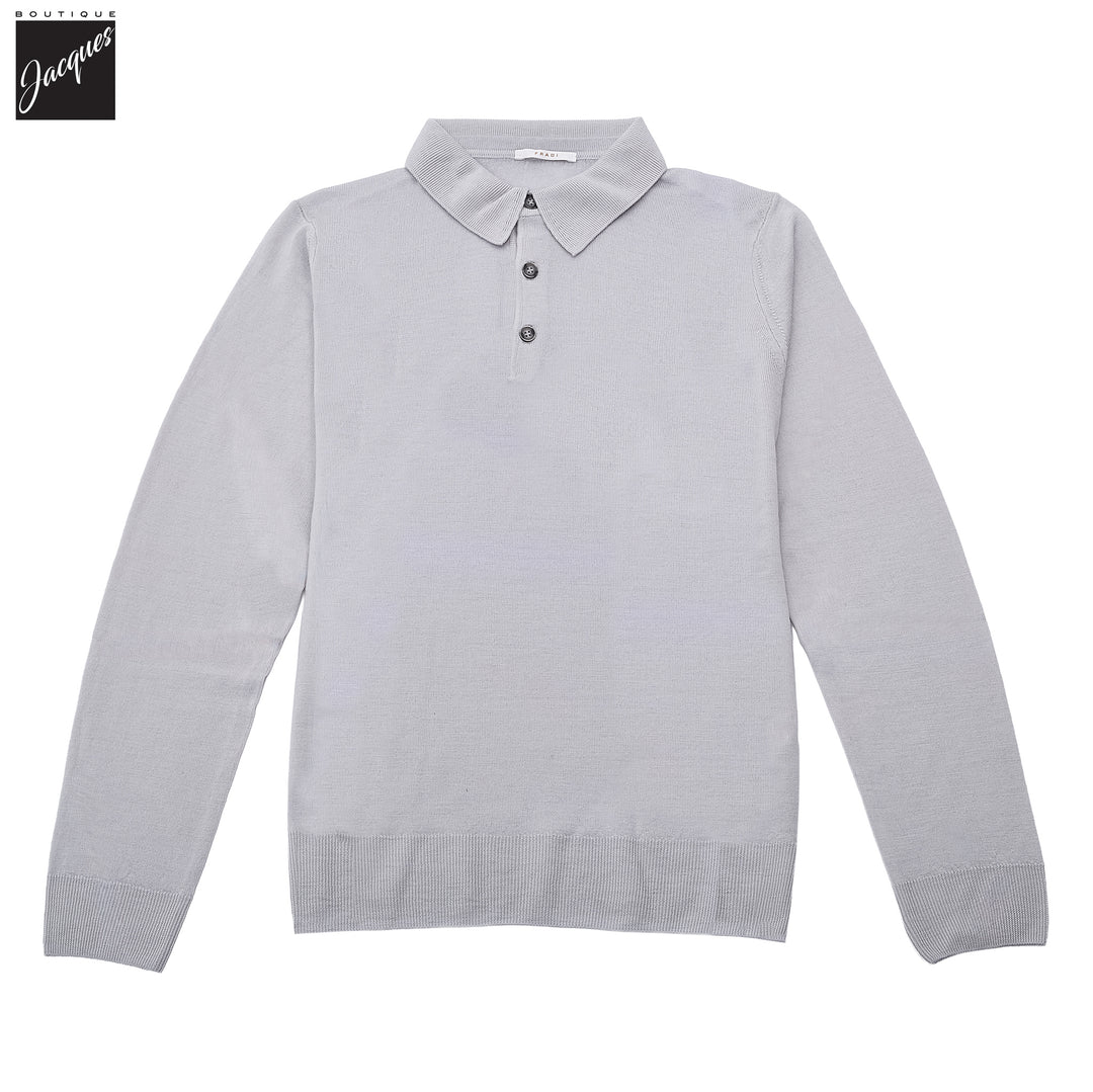 Pearl Gray Extra-Fine 14 Gauge Wool Knit Polo - Fradi