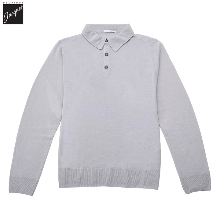 Pearl Gray Extra-Fine 14 Gauge Wool Knit Polo - Fradi