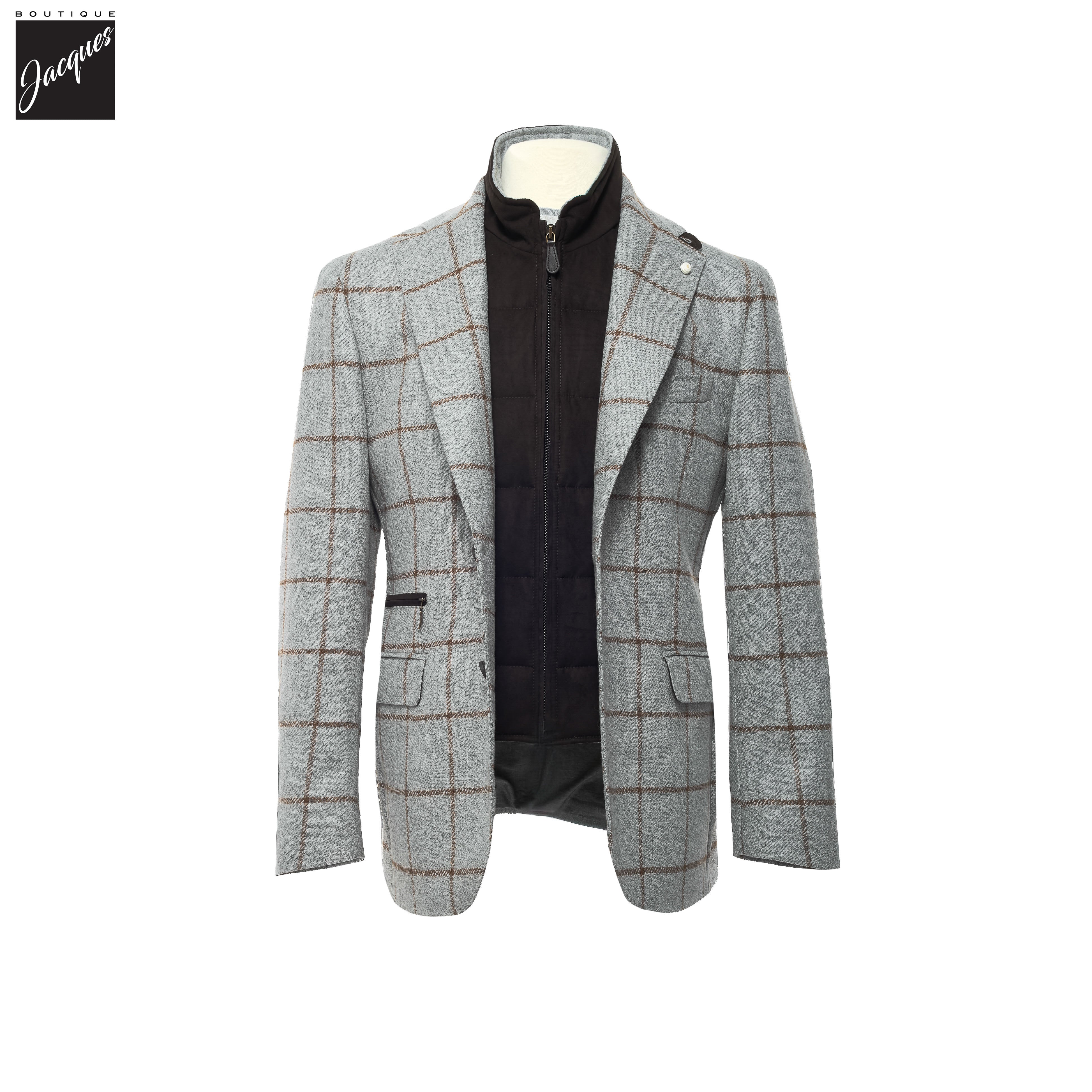 Gray Check Wool Hybrid Sport Jacket with Bib - Luigi Bianchi