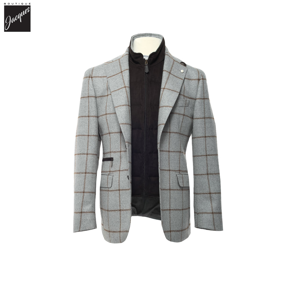 Gray Check Wool Hybrid Sport Jacket with Bib - Luigi Bianchi