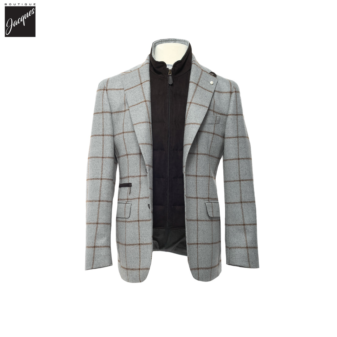 Gray Check Wool Hybrid Sport Jacket with Bib - Luigi Bianchi