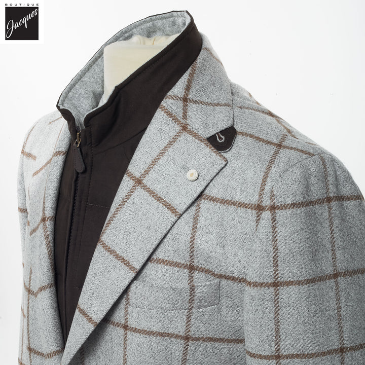 Gray Check Wool Hybrid Sport Jacket with Bib - Luigi Bianchi