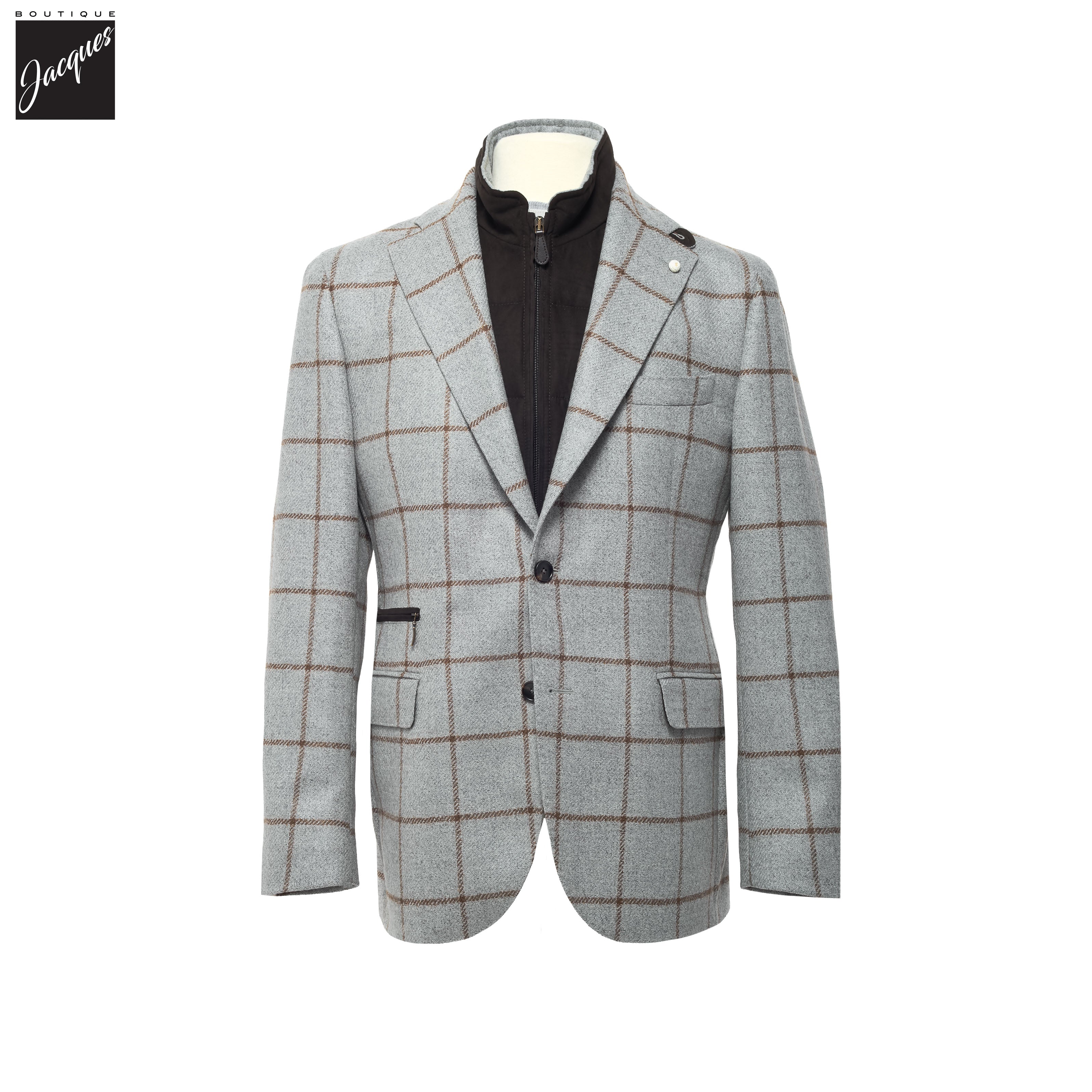 Gray Check Wool Hybrid Sport Jacket with Bib - Luigi Bianchi