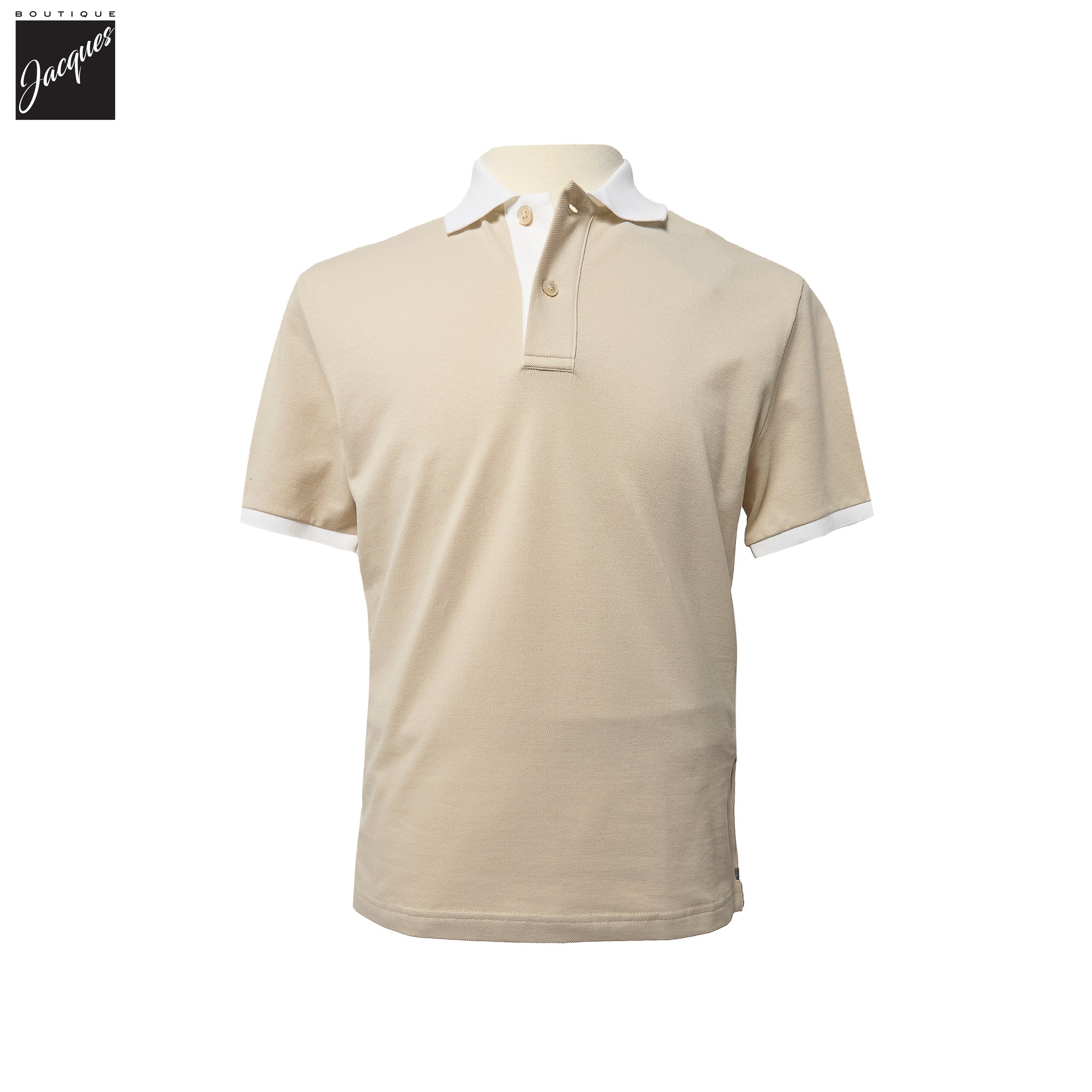 Sand Pique Cotton Polo Shirt with White Trims - ELEVENTY PLATINUM - Boutique Jacques International