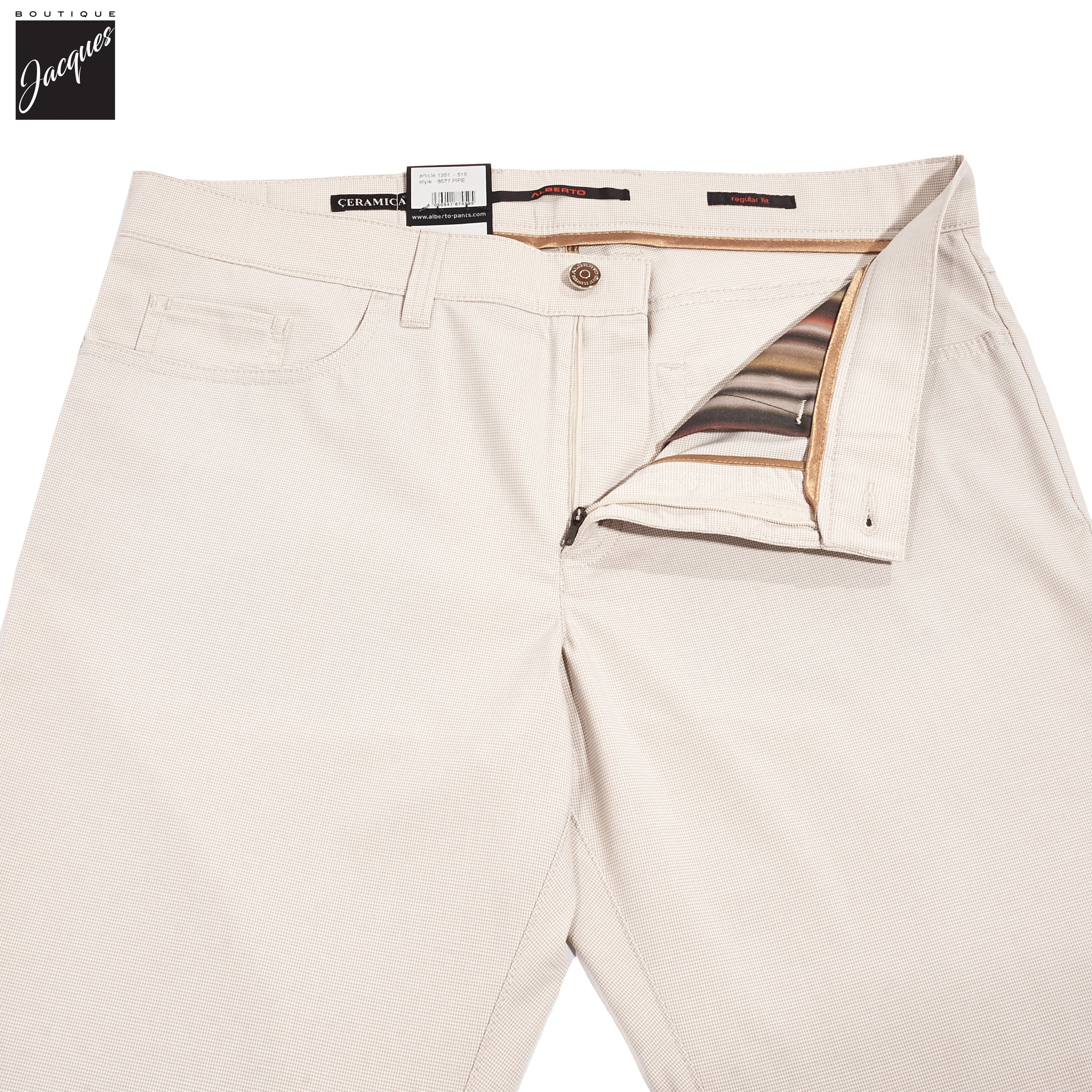Beige Mini Pepita Pattern Ceramica Pipe Five Pocket Pants - ALBERTO - Boutique Jacques International