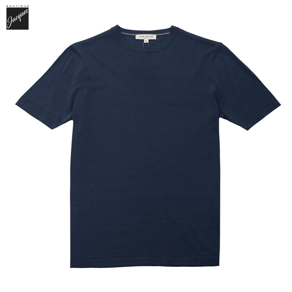 Dark Aviator Blue Cotton Silk Knit Short Sleeve Wellington Crewneck - Jack Victor - Boutique Jacques International