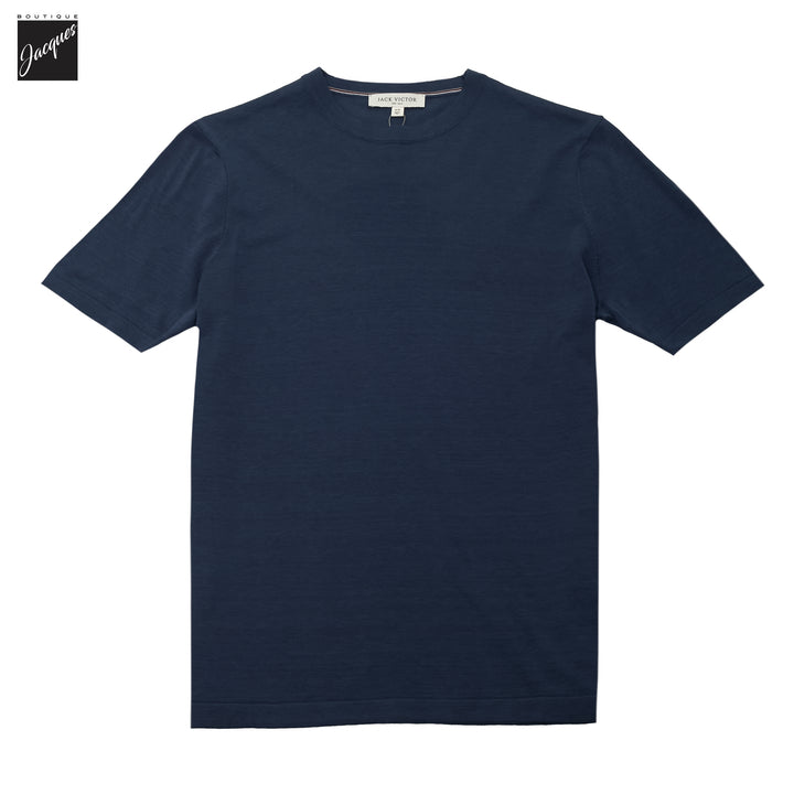 Dark Aviator Blue Cotton Silk Knit Short Sleeve Wellington Crewneck - Jack Victor - Boutique Jacques International