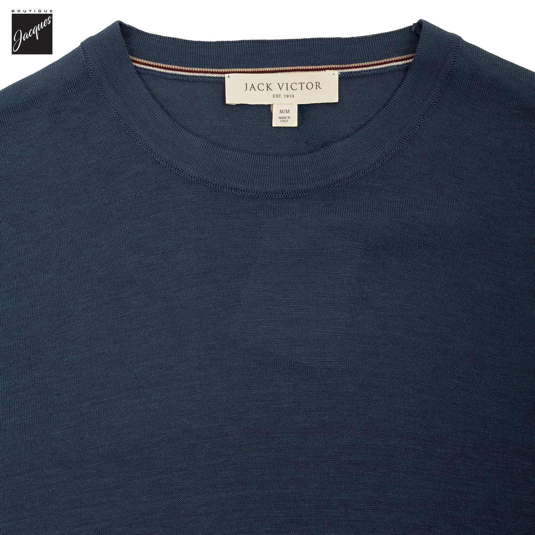 Dark Aviator Blue Cotton Silk Knit Short Sleeve Wellington Crewneck - Jack Victor - Boutique Jacques International