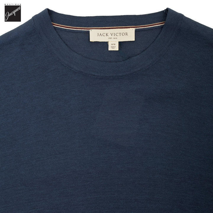 Dark Aviator Blue Cotton Silk Knit Short Sleeve Wellington Crewneck - Jack Victor - Boutique Jacques International