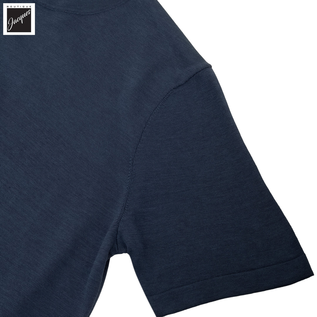 Dark Aviator Blue Cotton Silk Knit Short Sleeve Wellington Crewneck - Jack Victor - Boutique Jacques International