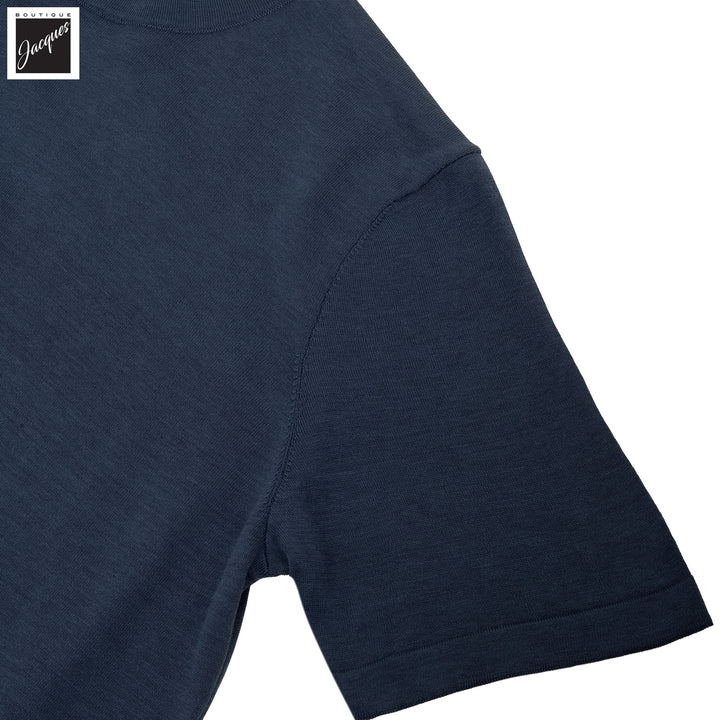 Dark Aviator Blue Cotton Silk Knit Short Sleeve Wellington Crewneck - Jack Victor - Boutique Jacques International