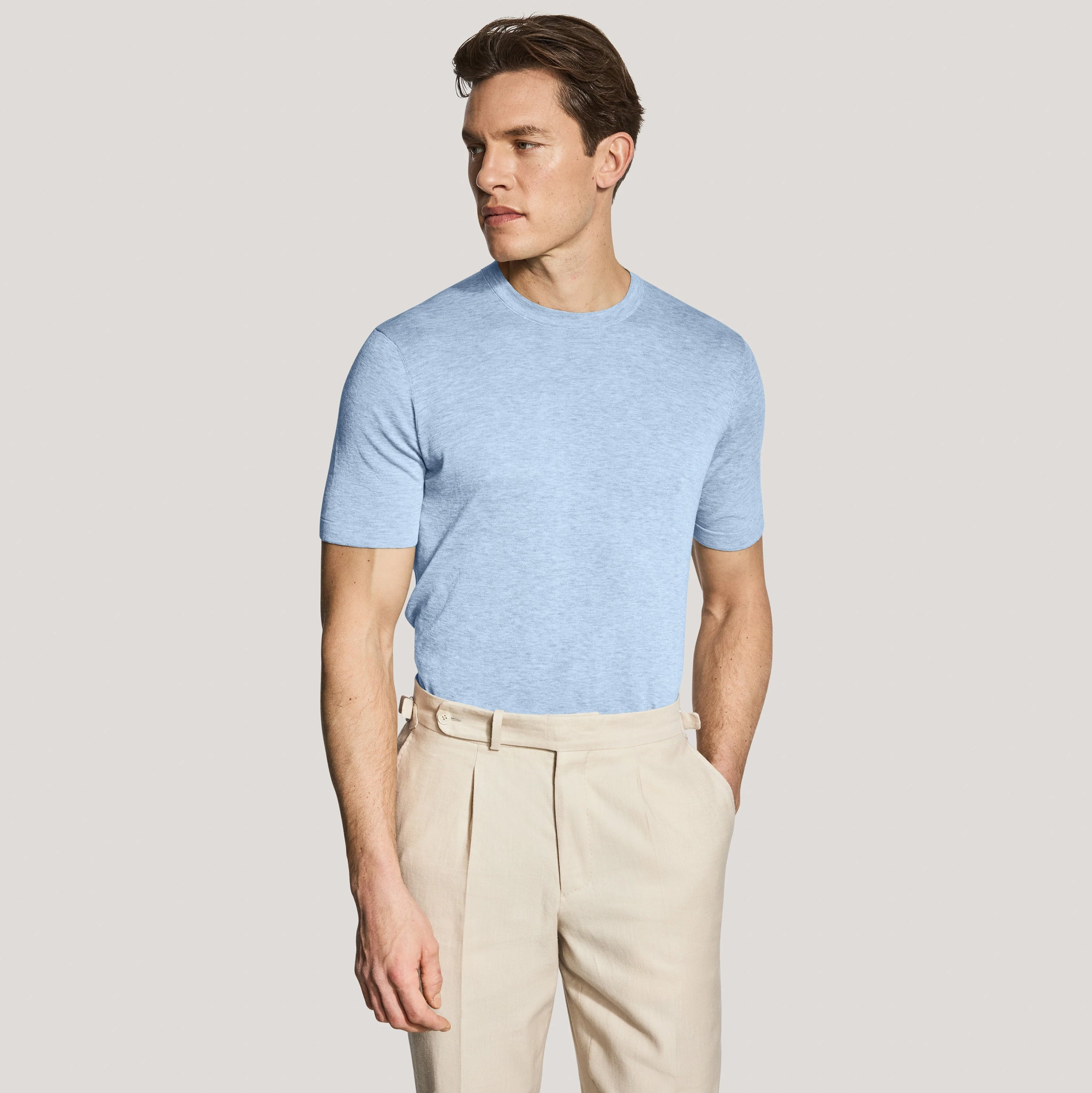 Light Blue Cotton Silk Knit Short Sleeve Wellington Crewneck - Jack Victor - Boutique Jacques International