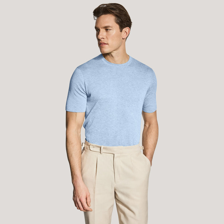 Light Blue Cotton Silk Knit Short Sleeve Wellington Crewneck - Jack Victor - Boutique Jacques International