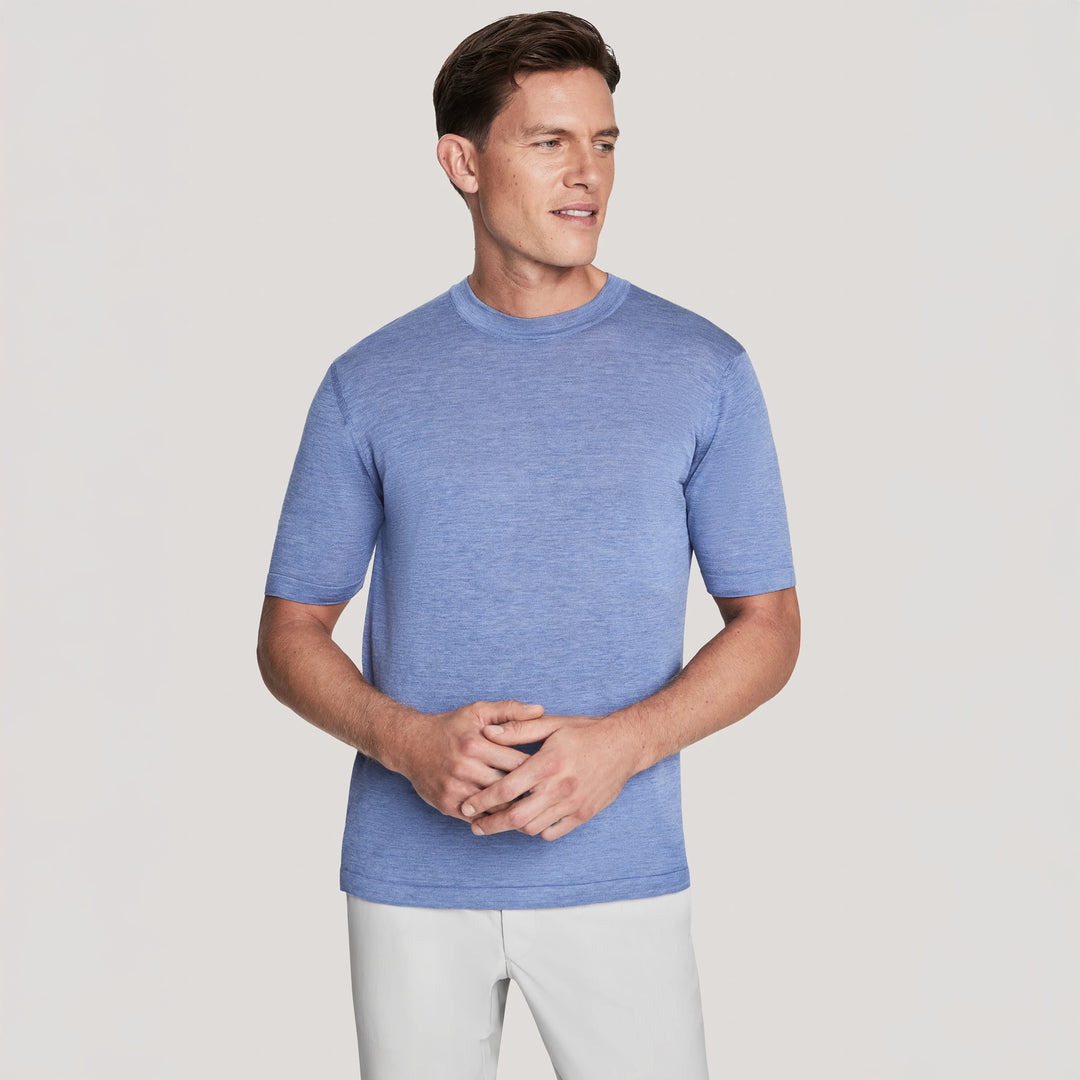 Pale Blue Cotton Silk Knit Short Sleeve Crewneck - Jack Victor
