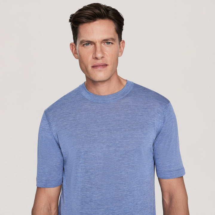 Pale Blue Cotton Silk Knit Short Sleeve Crewneck - Jack Victor