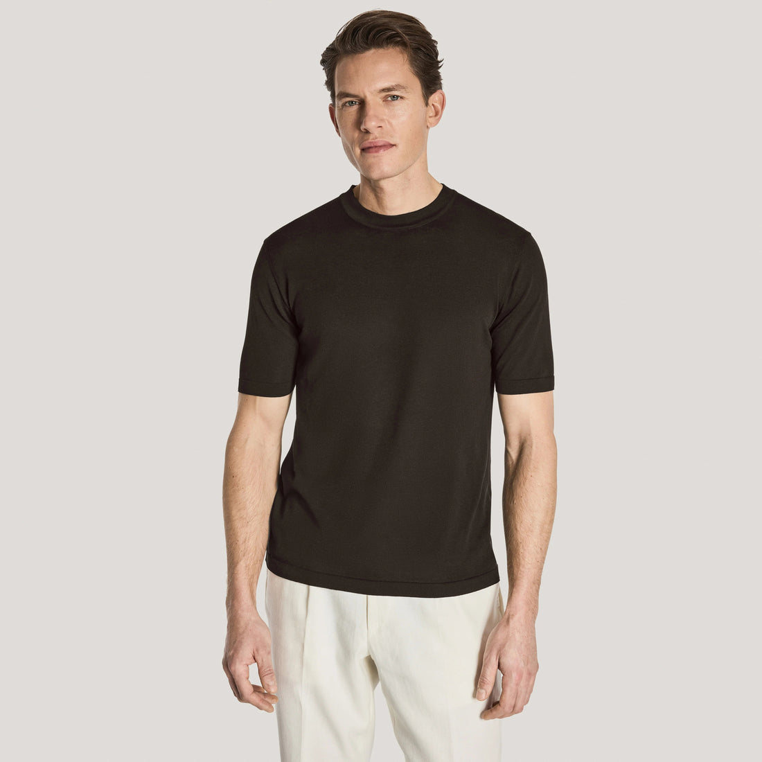Espresso Brown Cotton Silk Knit Short Sleeve Wellington Crewneck - Jack Victor - Boutique Jacques International