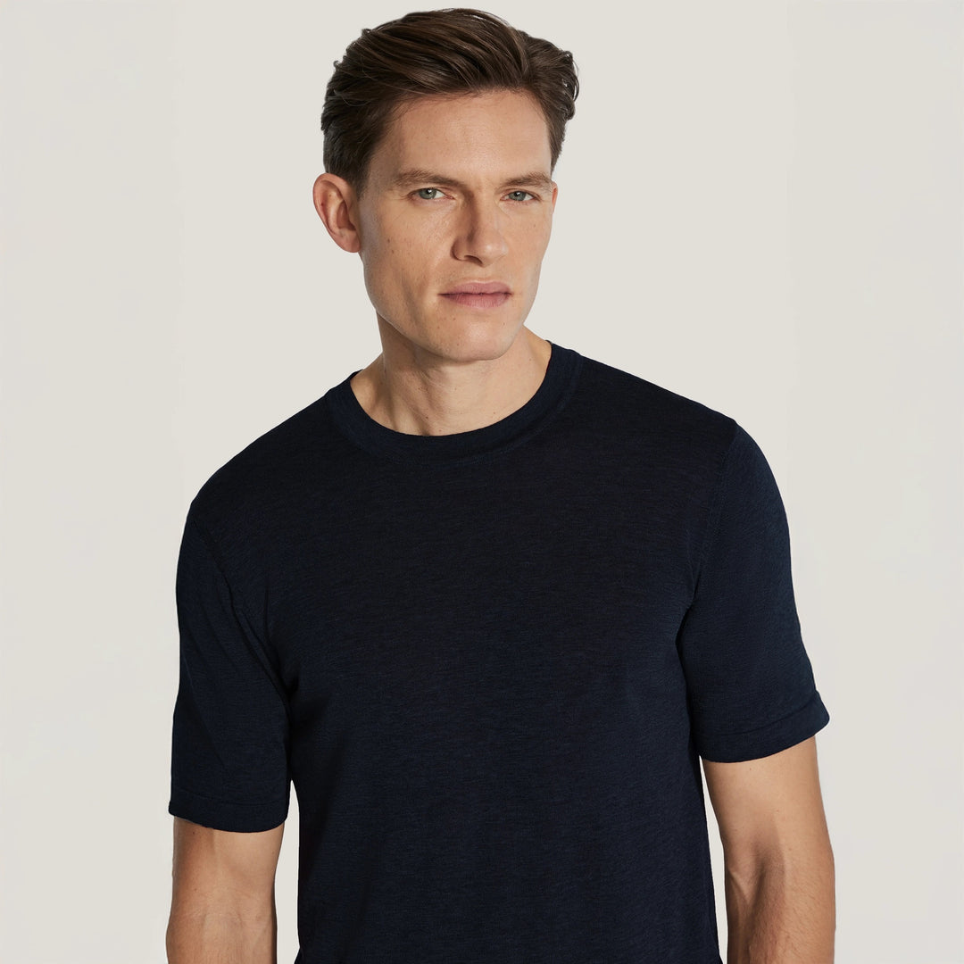 Black Cotton Silk Knit Short Sleeve Crewneck - Jack Victor