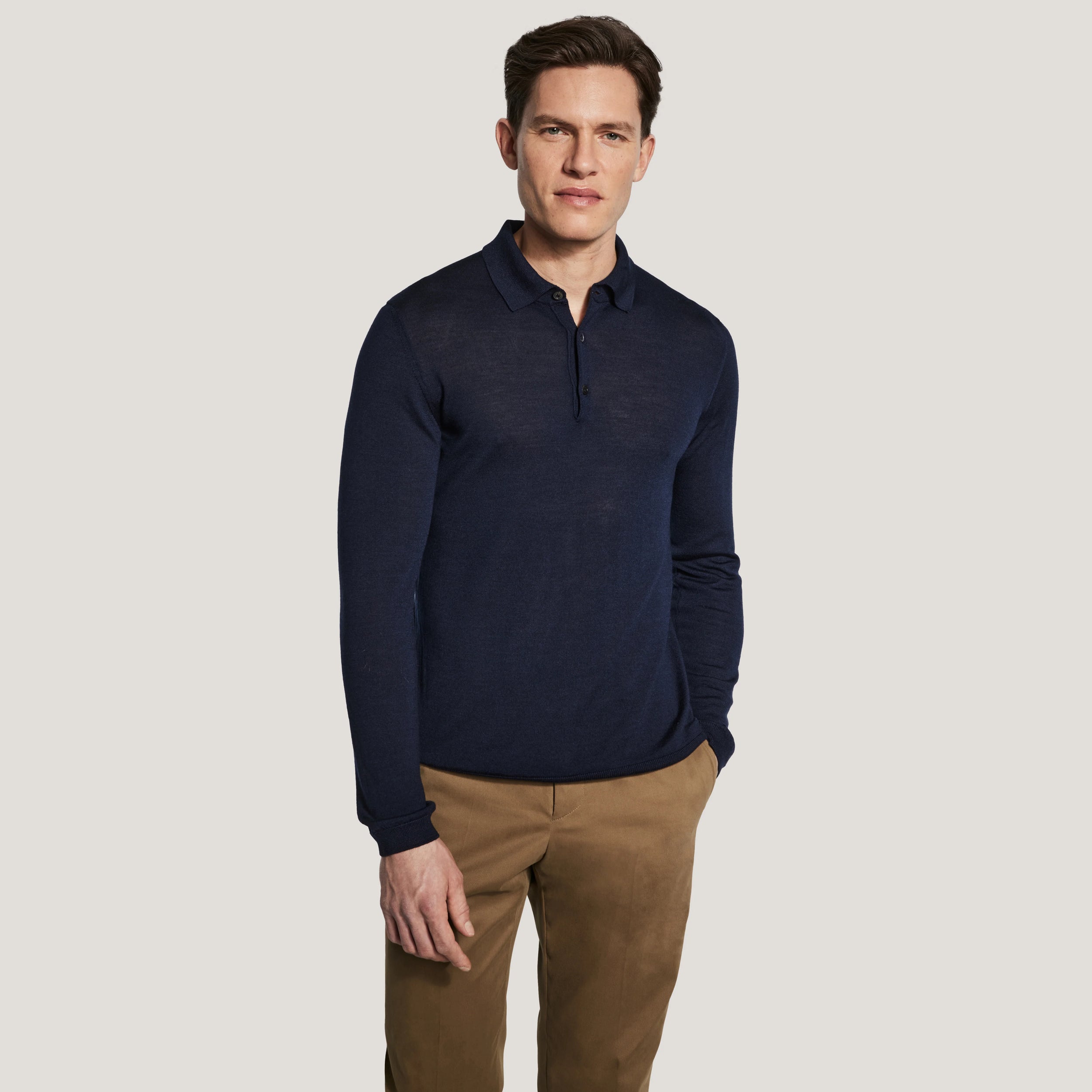 Navy Blue Merino-Silk Long Sleeve Knitted Polo - Jack Victor