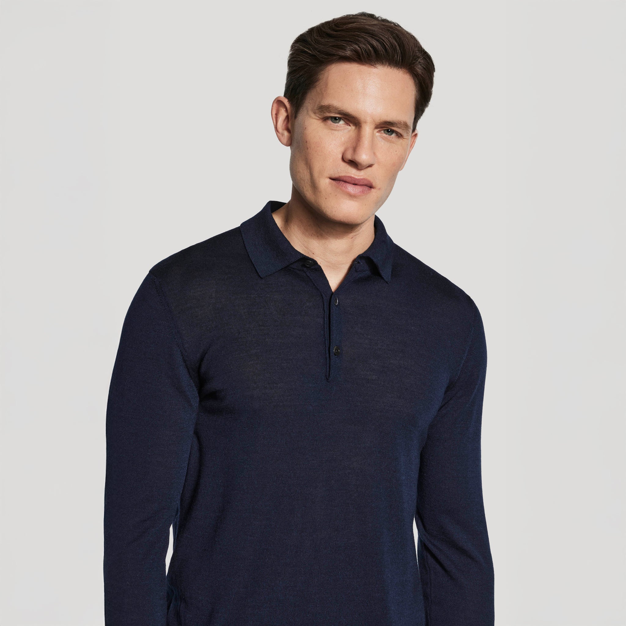 Navy Blue Merino-Silk Long Sleeve Knitted Polo - Jack Victor
