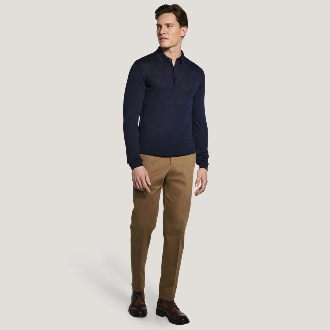 Navy Blue Merino-Silk Long Sleeve Knitted Polo - Jack Victor