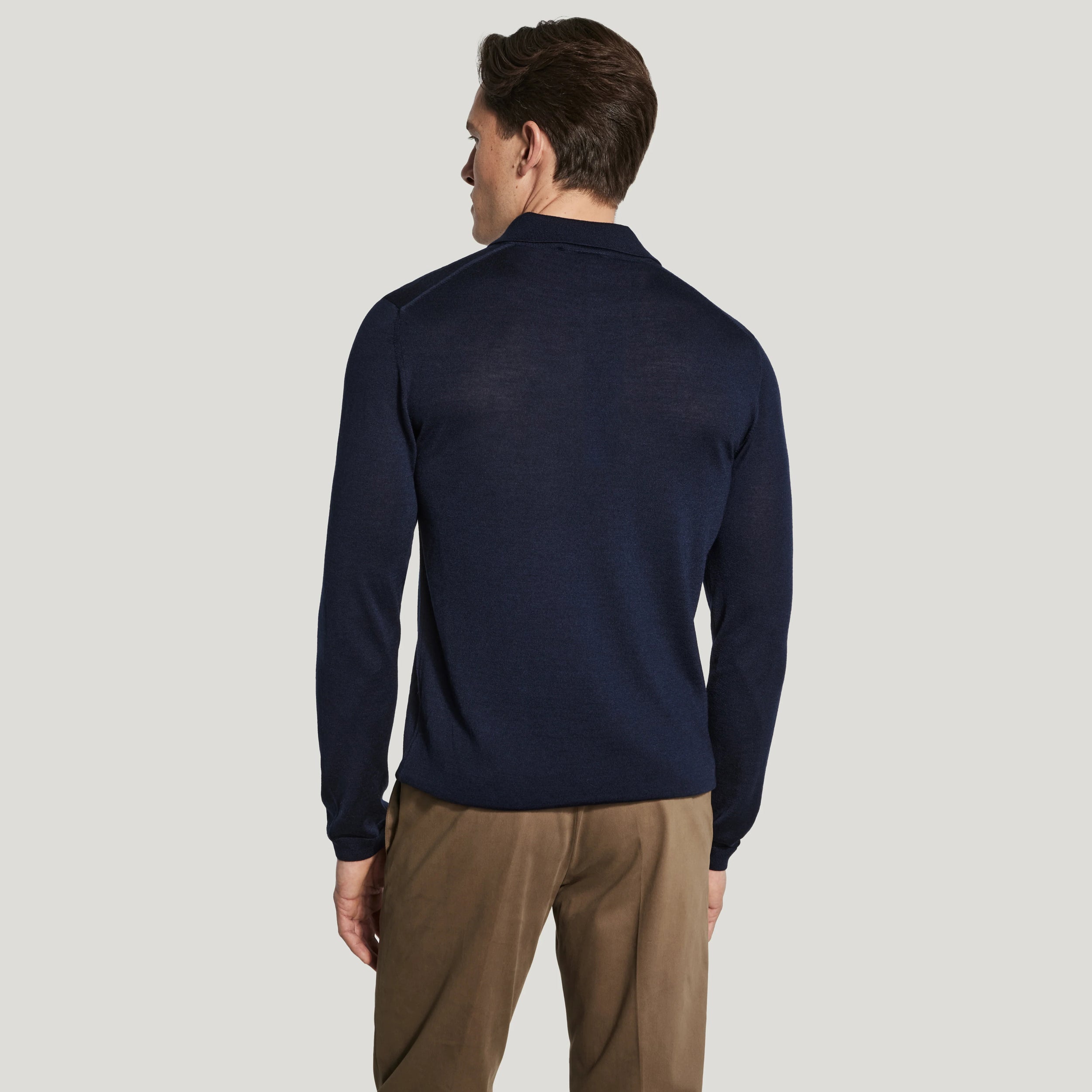 Navy Blue Merino-Silk Long Sleeve Knitted Polo - Jack Victor