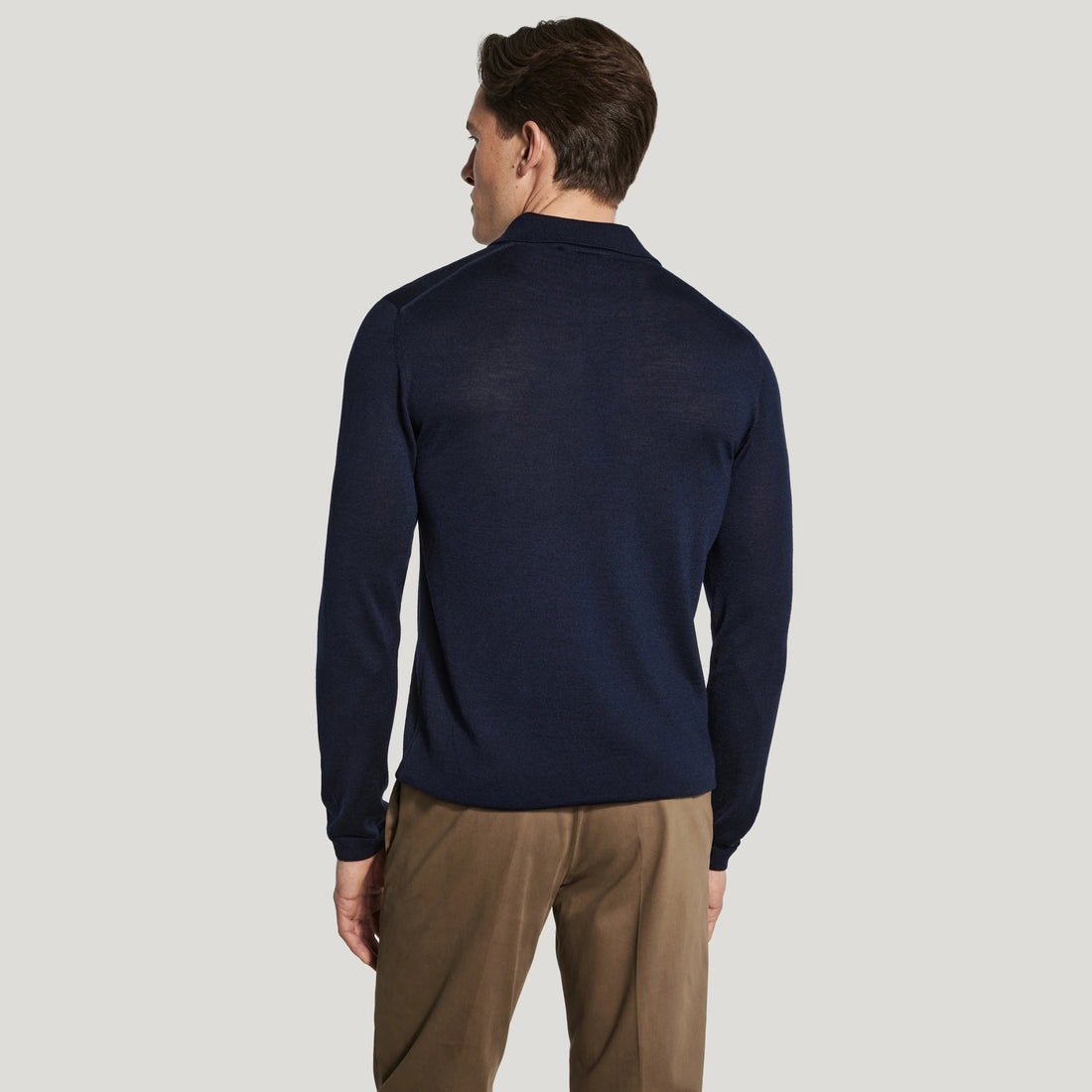 Navy Blue Merino-Silk Long Sleeve Knitted Polo - Jack Victor