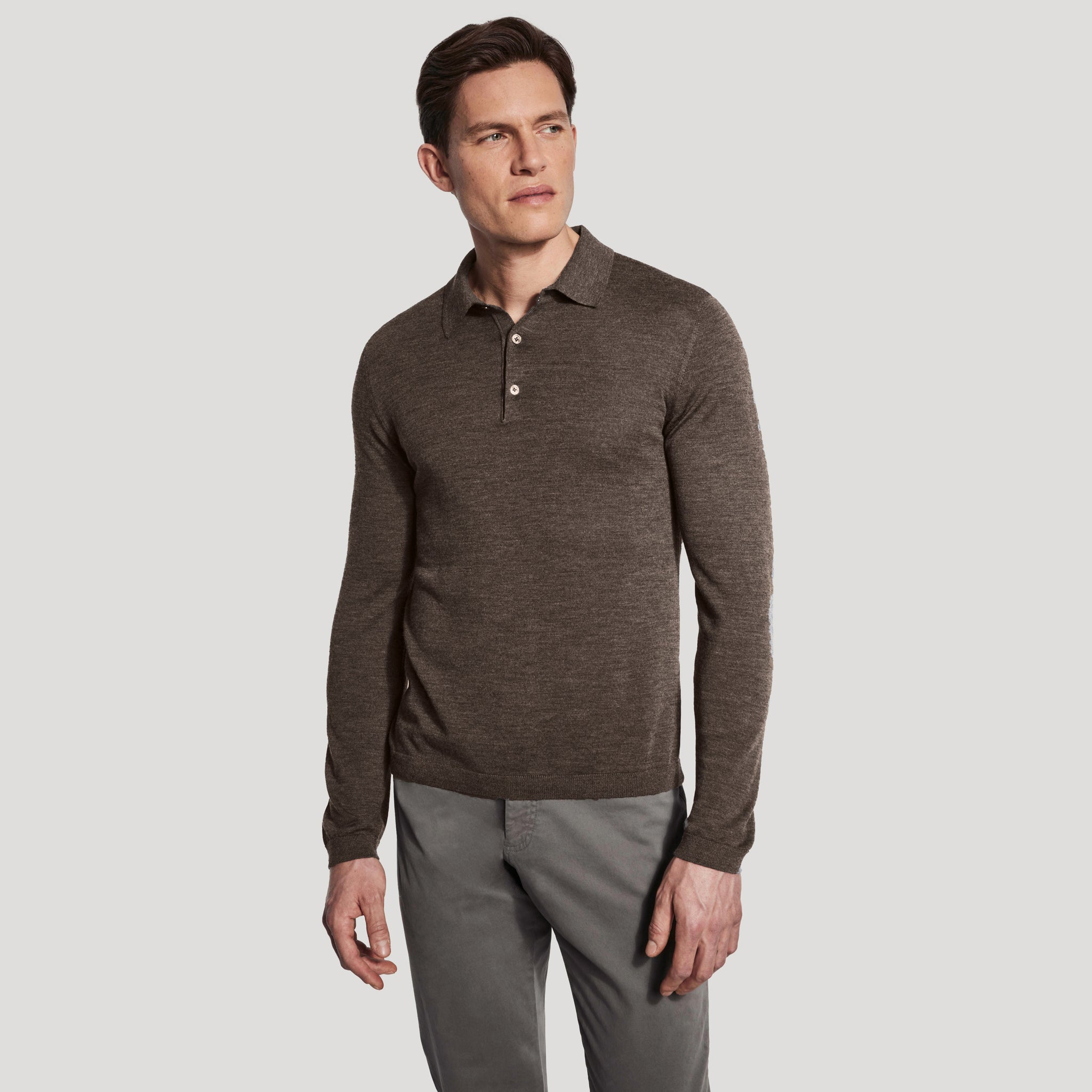 Taupe Brown Merino-Silk Long Sleeve Knitted Polo - Jack Victor