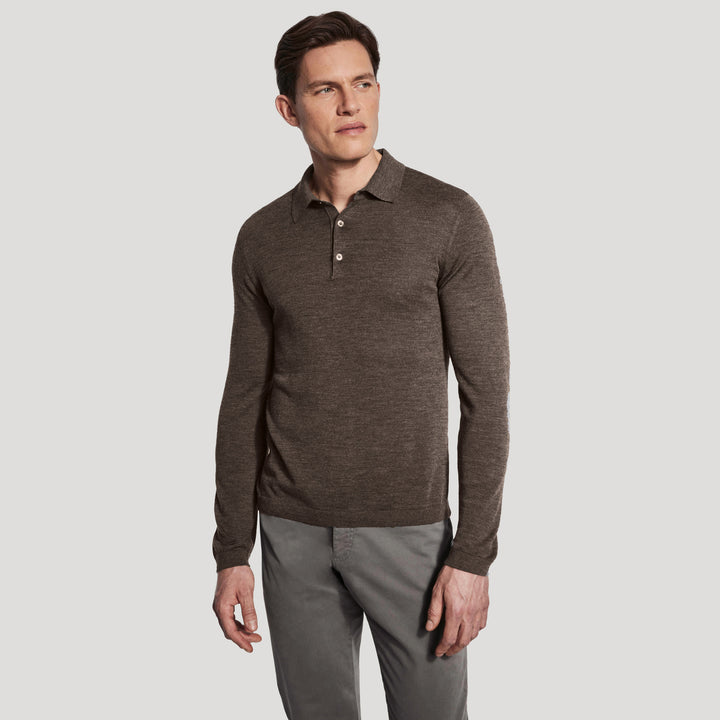 Taupe Brown Merino-Silk Long Sleeve Knitted Polo - Jack Victor