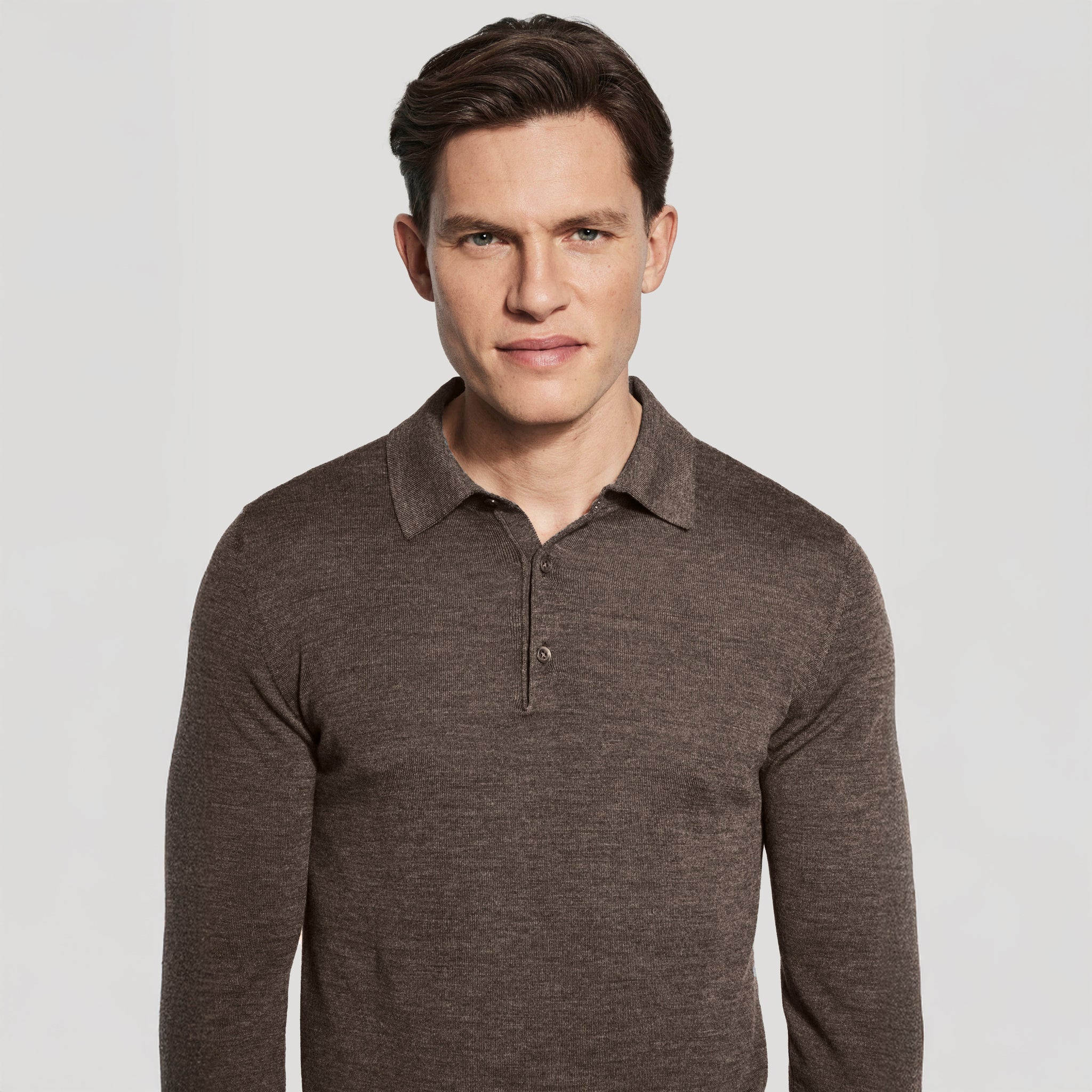 Taupe Brown Merino-Silk Long Sleeve Knitted Polo - Jack Victor
