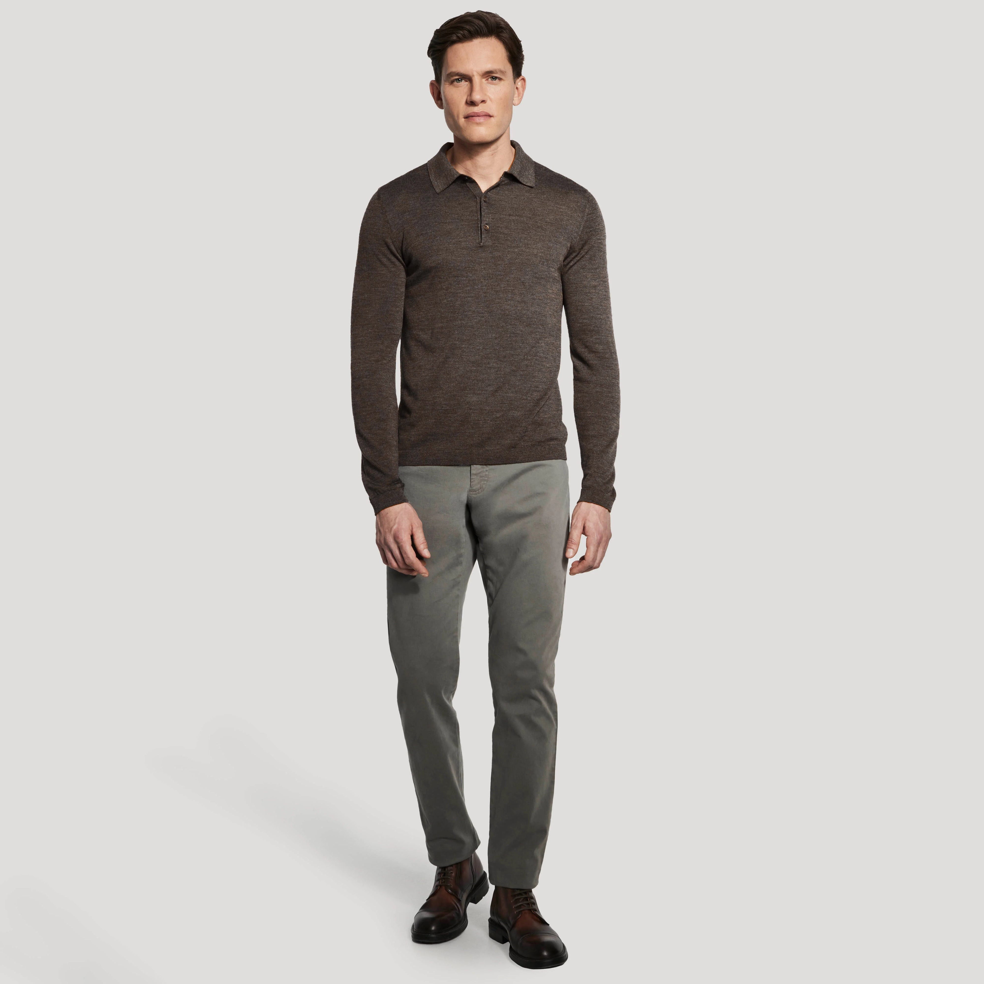 Taupe Brown Merino-Silk Long Sleeve Knitted Polo - Jack Victor
