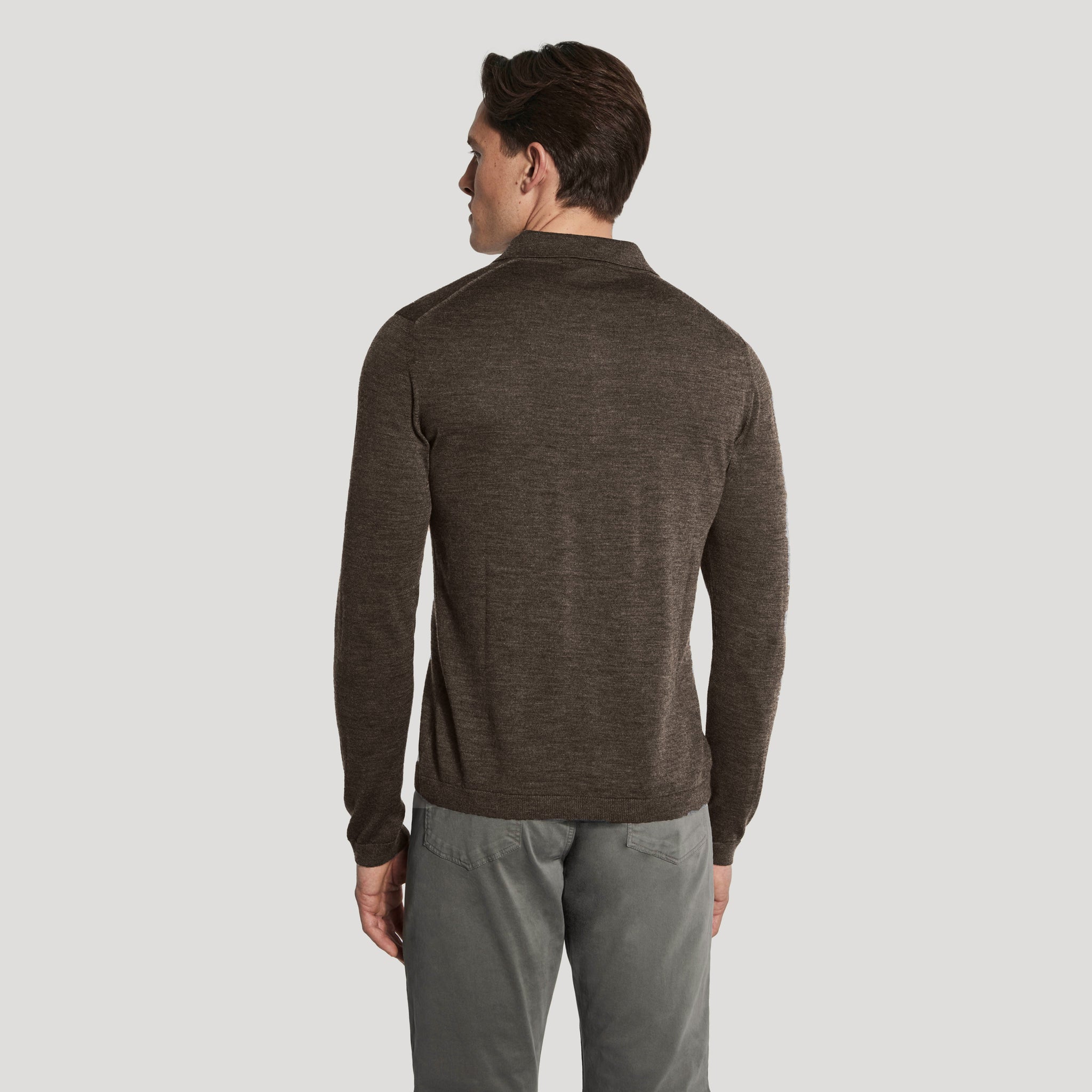 Taupe Brown Merino-Silk Long Sleeve Knitted Polo - Jack Victor