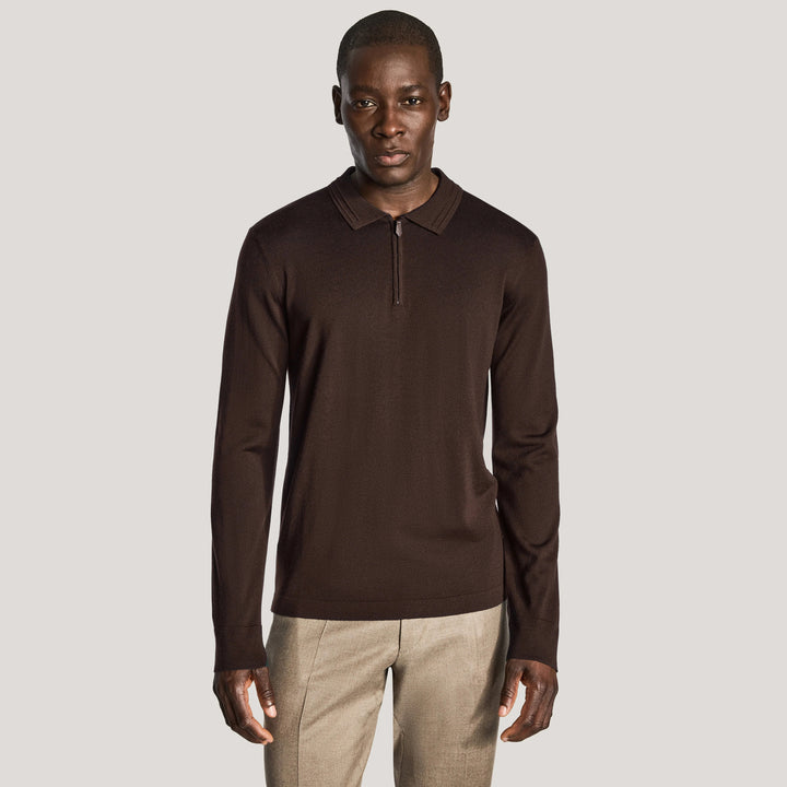 Brown Merino Wool Long Sleeve Quarter Zip Knitted Polo - Jack Victor