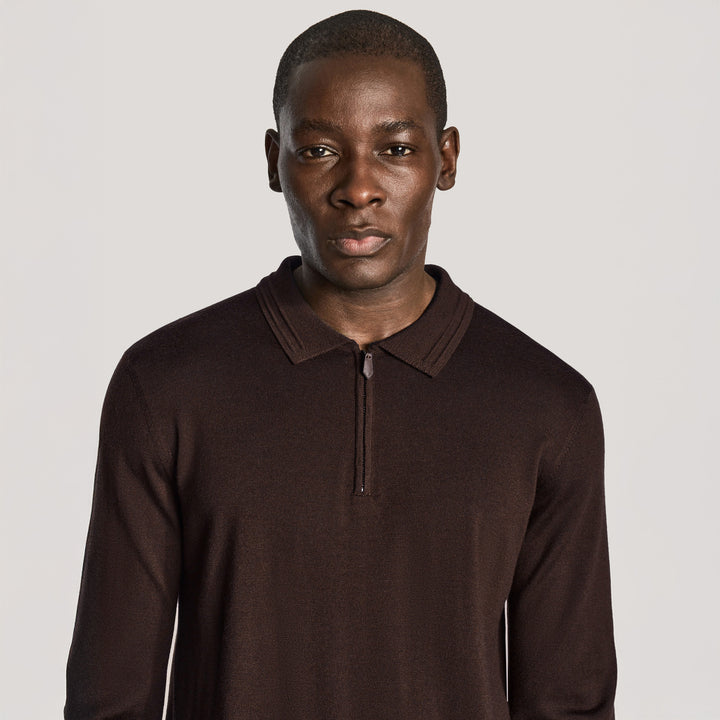Brown Merino Wool Long Sleeve Quarter Zip Knitted Polo - Jack Victor