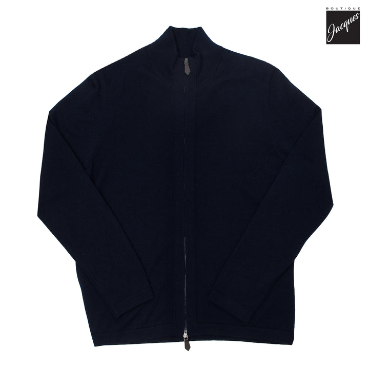 Navy Extrafine Merino Wool Full Zip Cardigan - Jack Victor