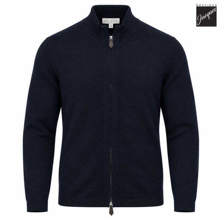 Navy Extrafine Merino Wool Full Zip Cardigan - Jack Victor