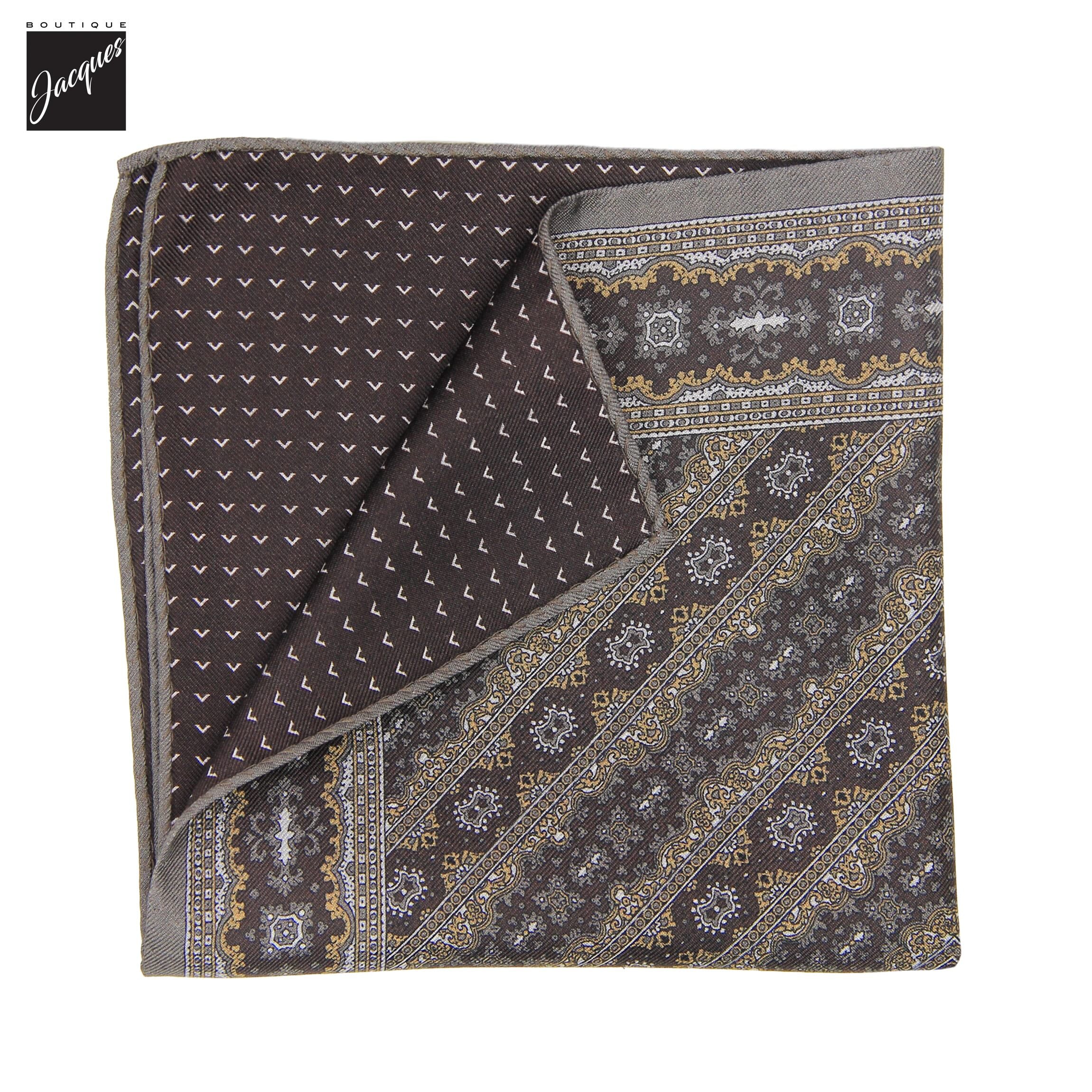 Pochette de costume réversible en soie à motif cachemire brun foncé - Jack Victor