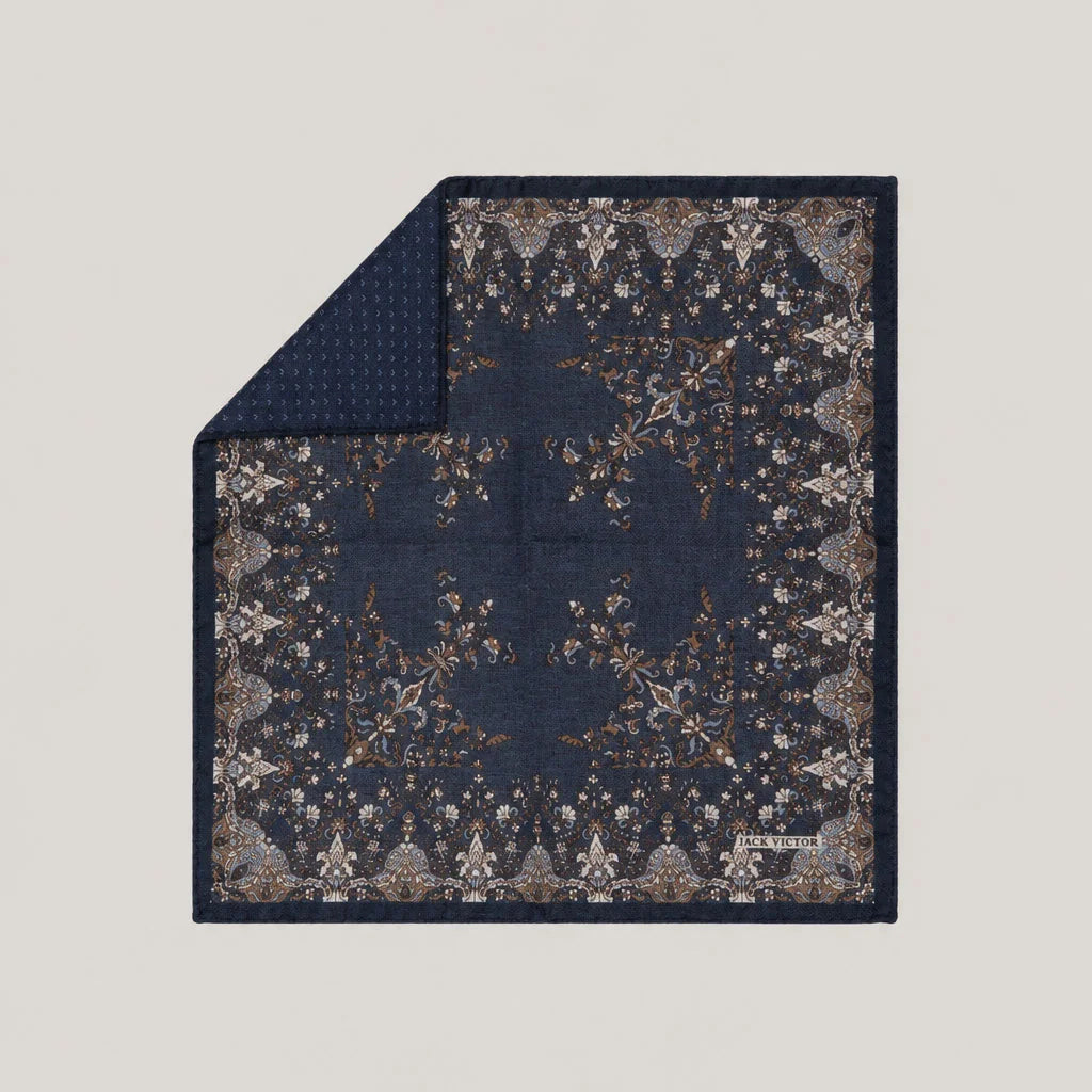 Denim Blue Floral Reversible Silk Pocket Square - Jack Victor