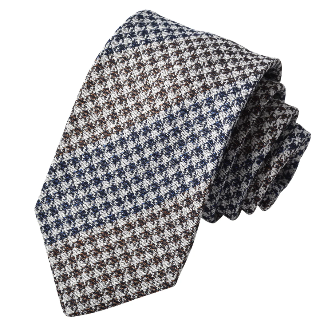 Navy & Brown Two-Toned Houndstooth Silk-Linen Tie - DION - Boutique Jacques International