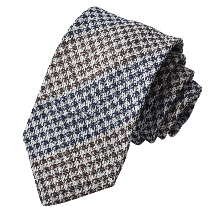Navy & Brown Two-Toned Houndstooth Silk-Linen Tie - DION - Boutique Jacques International